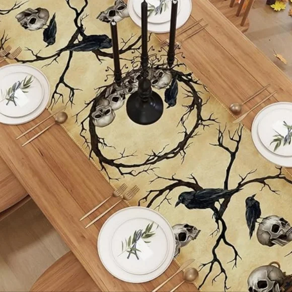 2/$20 Halloween Skull Raven Gothic Table Runner NWT - Picture 4 of 7